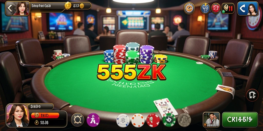 Tampilan gameplay seru dari 555ZK Poker yang mendebarkan.