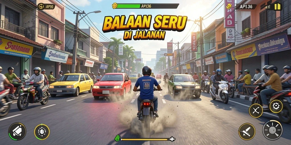 Tampilan gameplay API36 menampilkan balapan seru dengan mobil keren di jalanan.