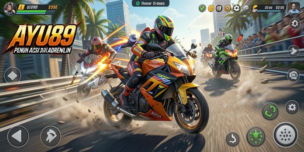 Tampilan gameplay AYU89 yang seru saat balapan motor.