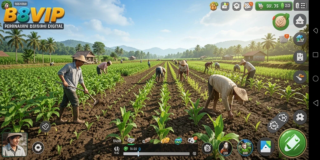 Screenshot gameplay B8VIP menunjukkan saat merawat ladang yang subur.