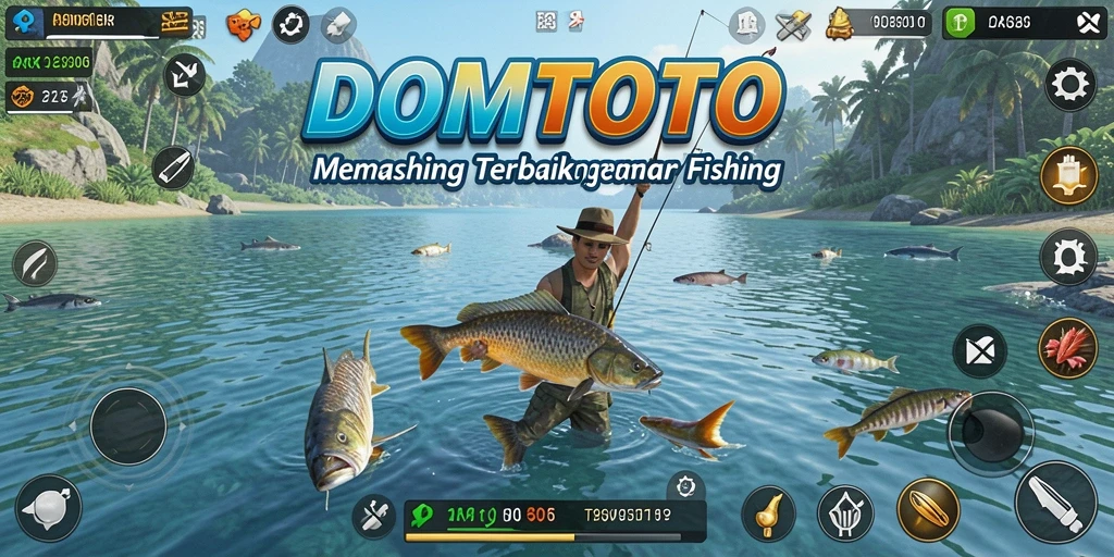 Screenshot dari gameplay <strong>DOMTOTO</strong> yang menunjukkan aksi memancing yang seru.