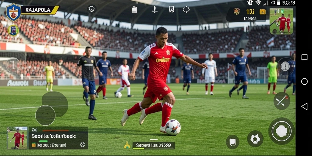 Tampilan gameplay seru di RAJAPOLA saat pertandingan sepak bola.
