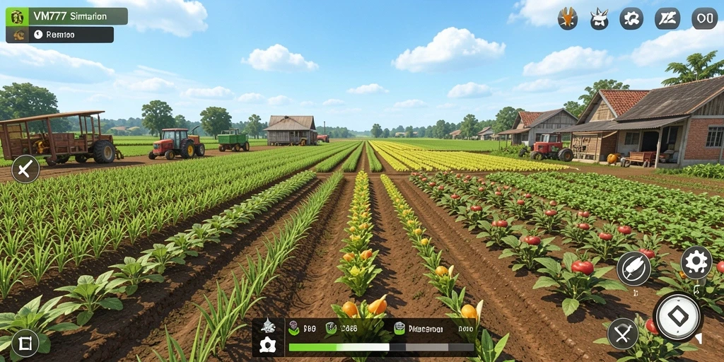 Skrinsut gameplay VM777 menampilkan dunia pertanian yang hidup dan menyenangkan.